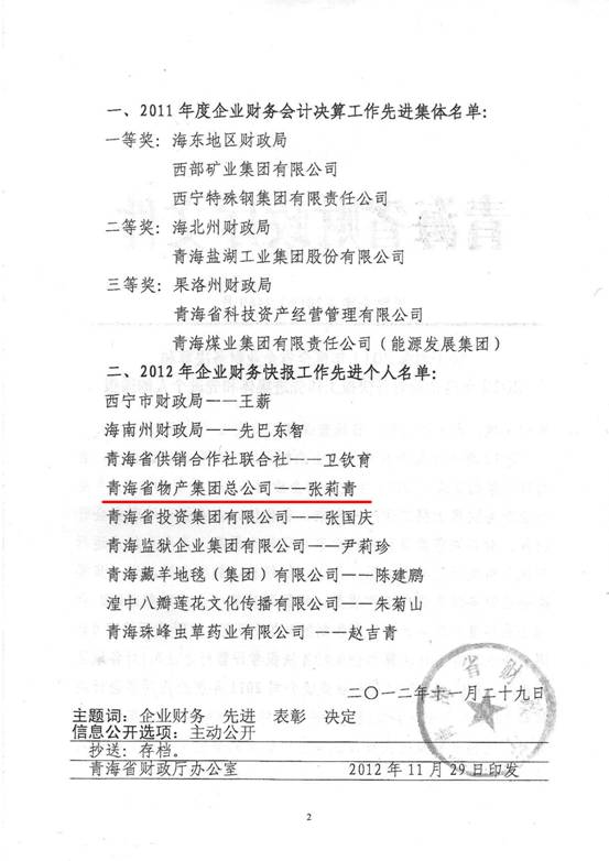 物產(chǎn)集團榮獲2011年度財務(wù)決算先進單位、2012年度財務(wù)快報工作先進個人表彰